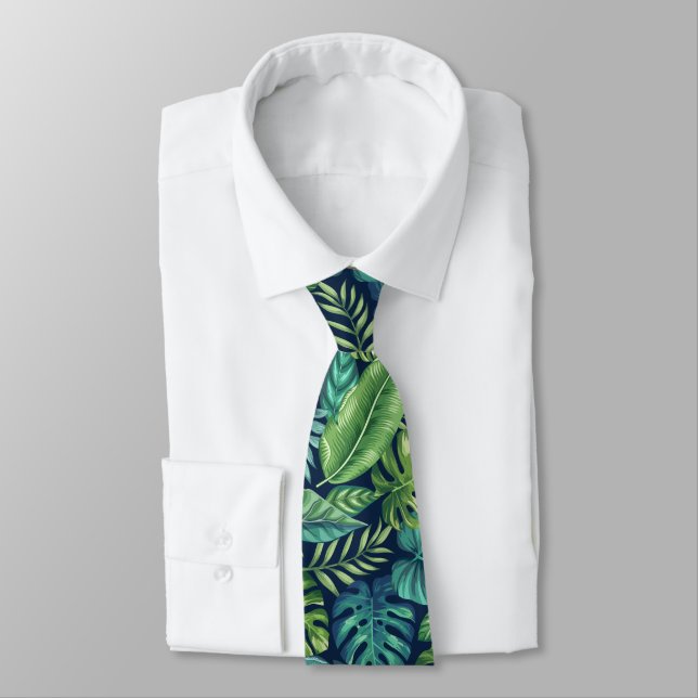 Green & Teal Tropical Palm Banana Monstera Leaves Tie (Tied)