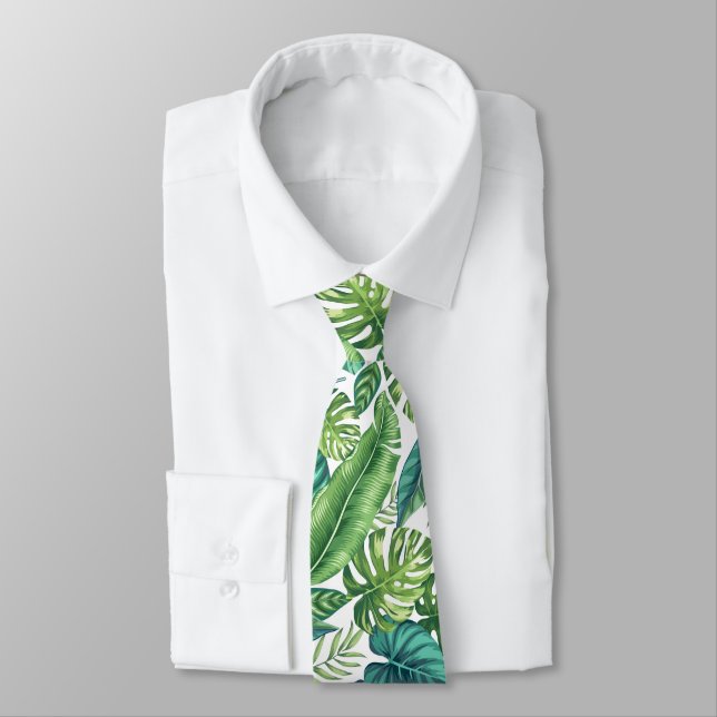 Green & Teal Tropical Palm Banana Monstera Leaves Tie (Tied)