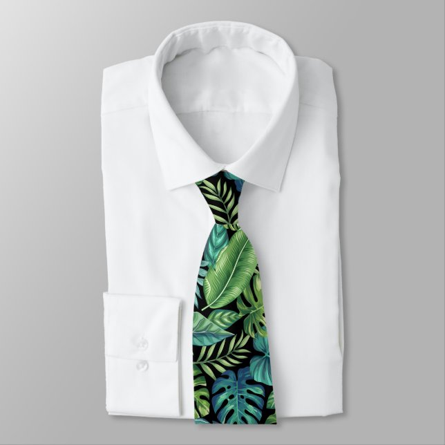 Green & Teal Tropical Palm Banana Monstera Leaves  Tie (Tied)