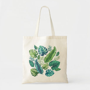 Green & Teal Tropical Palm Banana Monstera Leaves Tote Bag