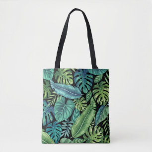 Green & Teal Tropical Palm Banana Monstera Leaves Tote Bag