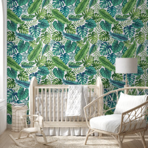 Green & Teal Tropical Palm Banana Monstera Leaves Wallpaper