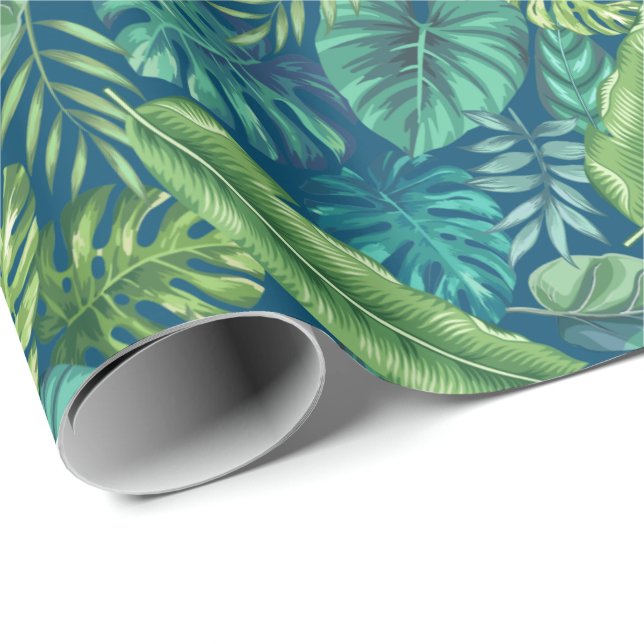 Green & Teal Tropical Palm Banana Monstera Leaves  Wrapping Paper (Roll Corner)