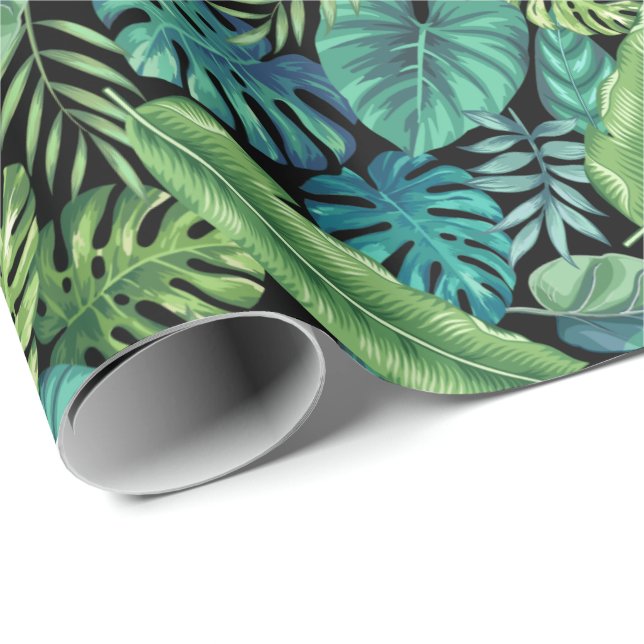 Green & Teal Tropical Palm Banana Monstera Leaves  Wrapping Paper (Roll Corner)