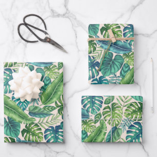 Green & Teal Tropical Palm Banana Monstera Leaves  Wrapping Paper Sheet