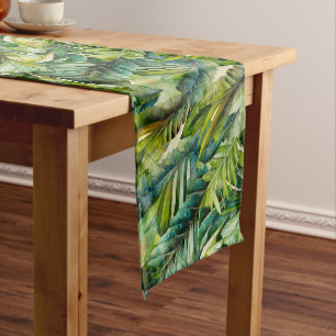 Green & Teal Watercolor Tropical Palm Leaves Short Table Runner