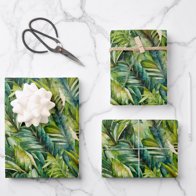 Green & Teal Watercolor Tropical Palm Leaves Wrapping Paper Sheet (Front)
