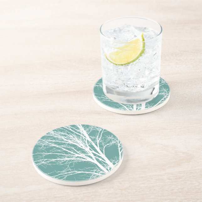 Green Teal White Bare Tree Branches Coaster (Side)