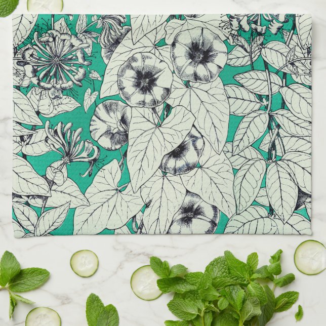 Green Teal White Graphic Flowers Pattern Tea Towel (Folded)
