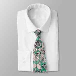 Green Teal White Graphic Flowers Pattern Tie