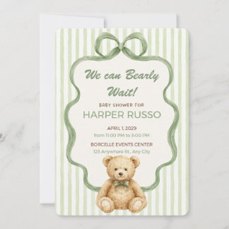 Green Teddy Bear Baby Shower Invitation