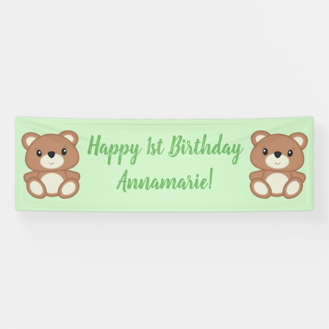 Green Teddy Bear Birthday Party Banner (Horizontal)