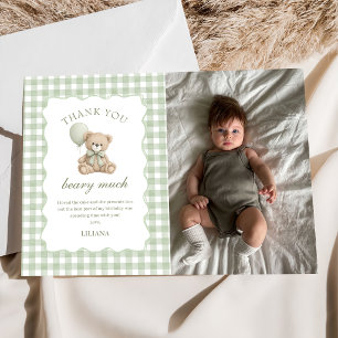 Green Teddy Bear Birthday Photo Thank You Card