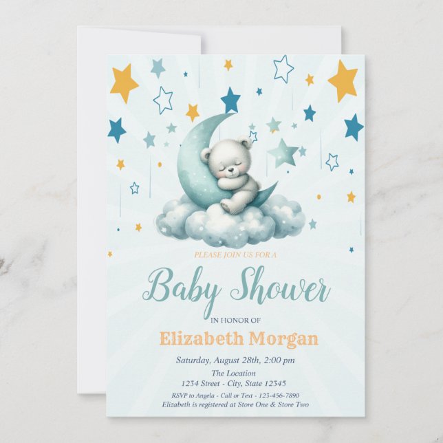 Green Teddy Bear, Stars Cloud Moon Baby Shower Invitation (Front)