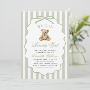 Green Teddy Bear We Can Bearly Wait Baby Shower Invitation