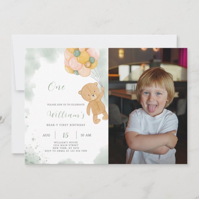 Green Teddy Birthday Invitation With Photo (Front)