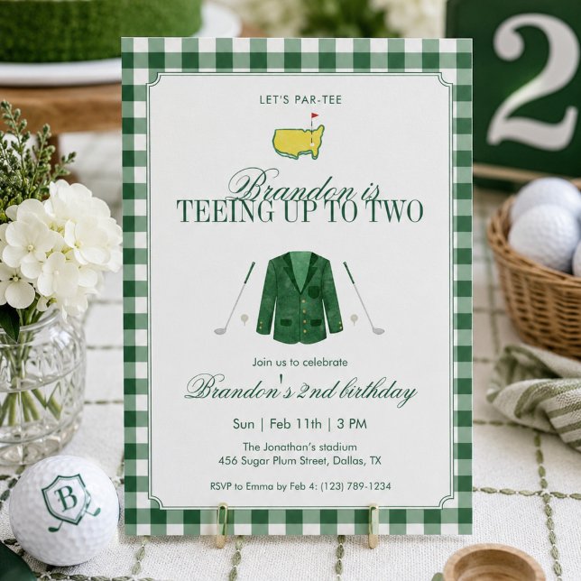 Green Teeing Up To Two Golf 2nd Birthday Gingham Invitation (Creator Uploaded)