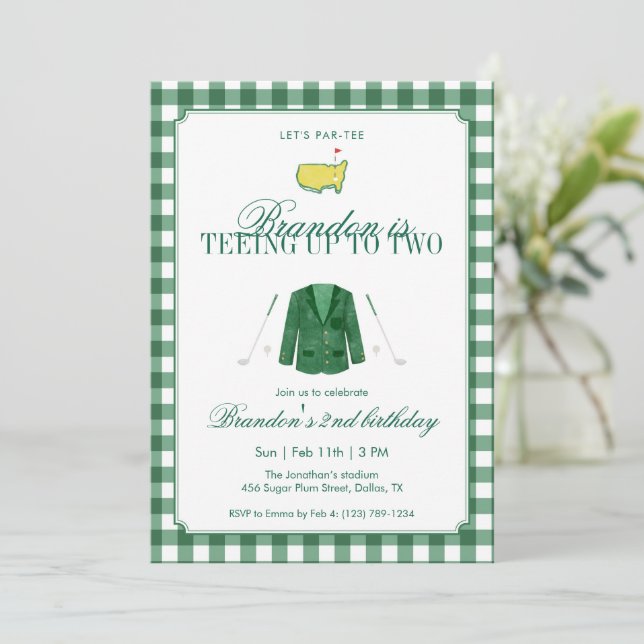 Green Teeing Up To Two Golf 2nd Birthday Gingham Invitation (Standing Front)