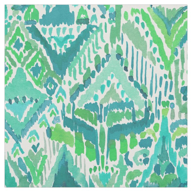 Green TEMPLE TRIBAL Boho Chic Ikat Watercolor Fabric (Swatch)