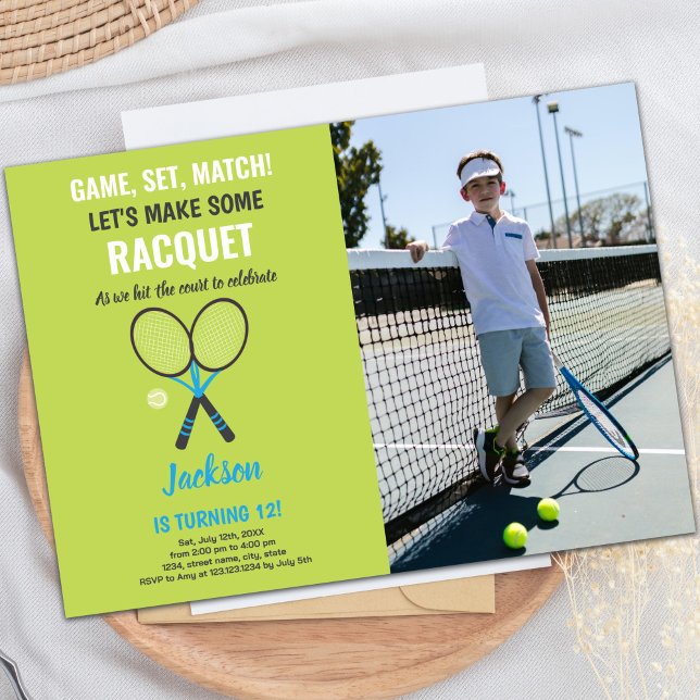 Green Tennis Birthday Invitation with Photo (Green Tennis Birthday Invitations with photo)
