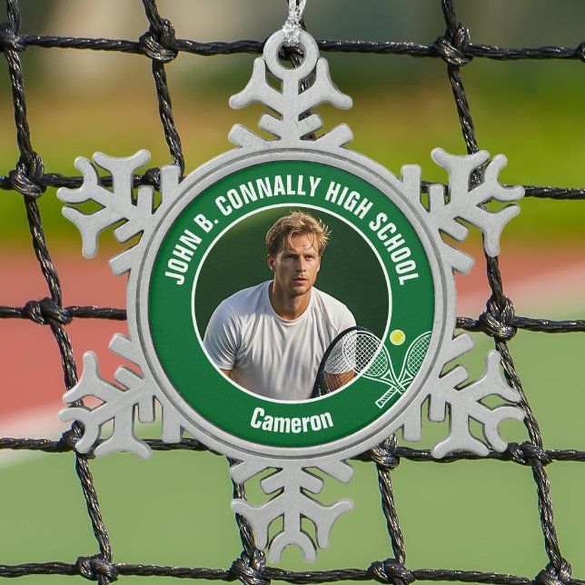 Green Tennis Player Photo High School Spirit Snowflake Pewter Christmas Ornament (Creator Uploaded)