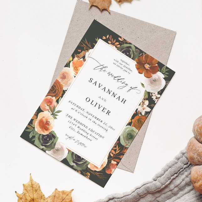 Green & Terra Cotta Floral Wedding S2 - Dark Green Invitation (Creator Uploaded)
