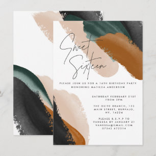 Green terracotta abstract watercolor 16th Birthday Invitation