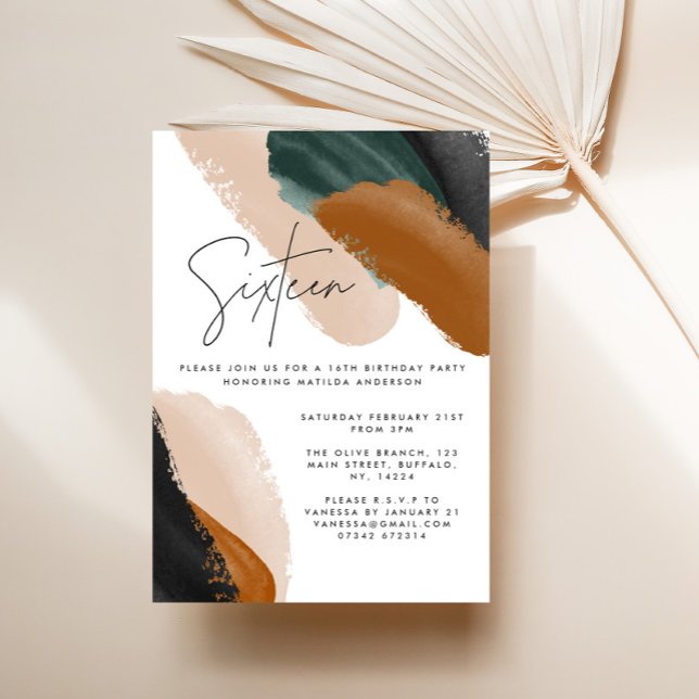 Green terracotta abstract watercolor 16th Birthday Invitation (Creator Uploaded)