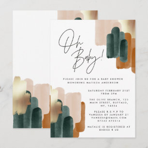 Green terracotta abstract watercolor baby shower invitation
