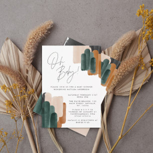 Green terracotta abstract watercolor baby shower invitation