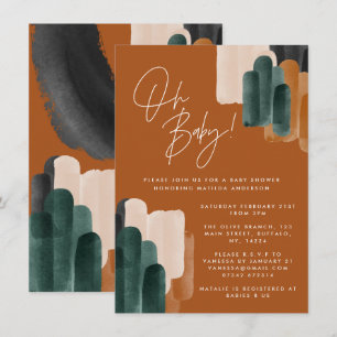 Green terracotta abstract watercolor baby shower invitation