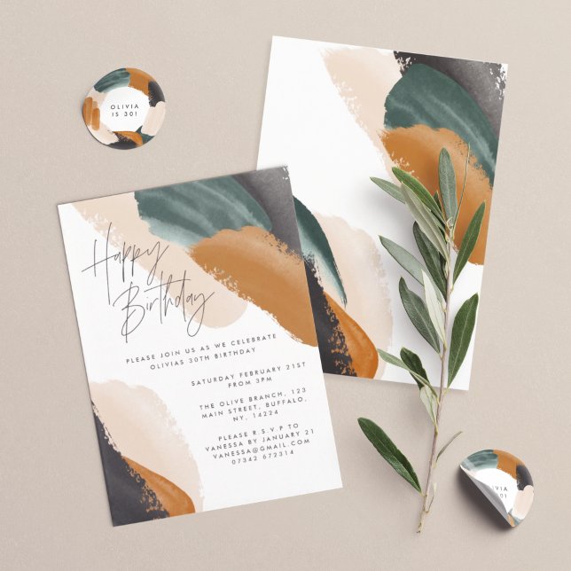 Green terracotta abstract watercolor Birthday Invitation (Creator Uploaded)