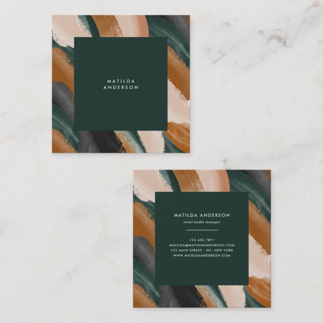 Green terracotta abstract watercolor modern unique square business card (Front/Back)