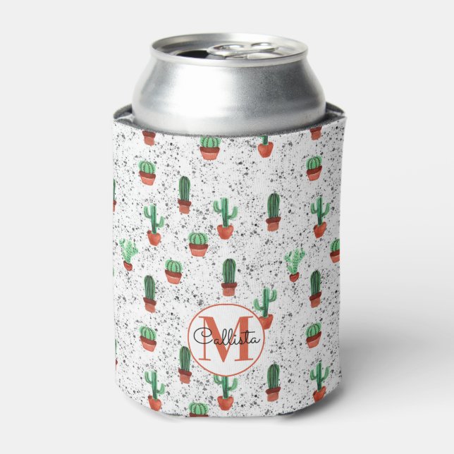 Green Terracotta Cactus Pots Splatter Monogram Can Cooler (Can Front)