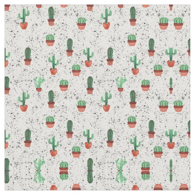 Green Terracotta Cactus Pots Splatter Pattern Fabric (Close Up)
