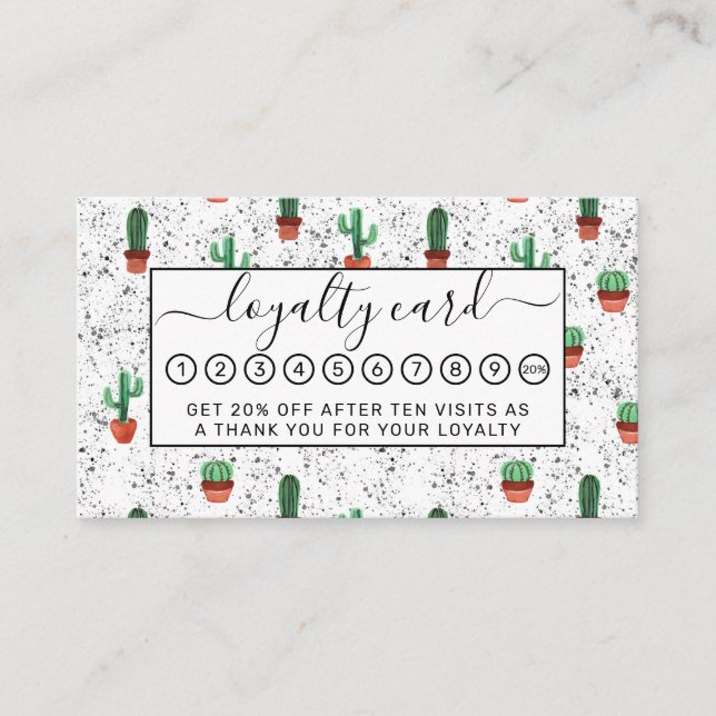 Green Terracotta Cactus Pots Splatter Pattern Loyalty Card (Front)