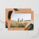 Green terracotta modern minimal watercolor photo foil holiday postcard<br><div class="desc">Budget green terracotta abstract watercolor modern script 1 photo christmas card. Modern on trend green,  beige and terracotta colorway design.</div>
