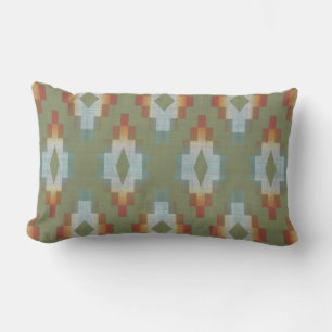 Green Terracotta Red Brown Blue Grey Tribal Art Lumbar Cushion