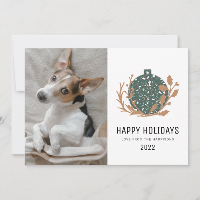 Green Terrazzo Bauble Happy Holiday Dog Photo 2021 Card (Front)