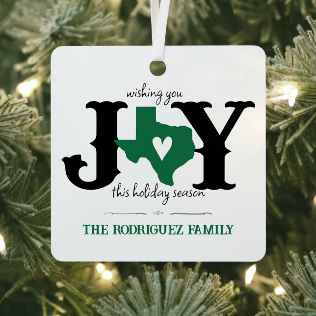 Green Texas JOY Photo Holiday Metal Tree Decoration (Insitu)