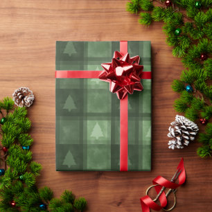 Green Textured Plaid With Fir Trees Christmas Wrapping Paper