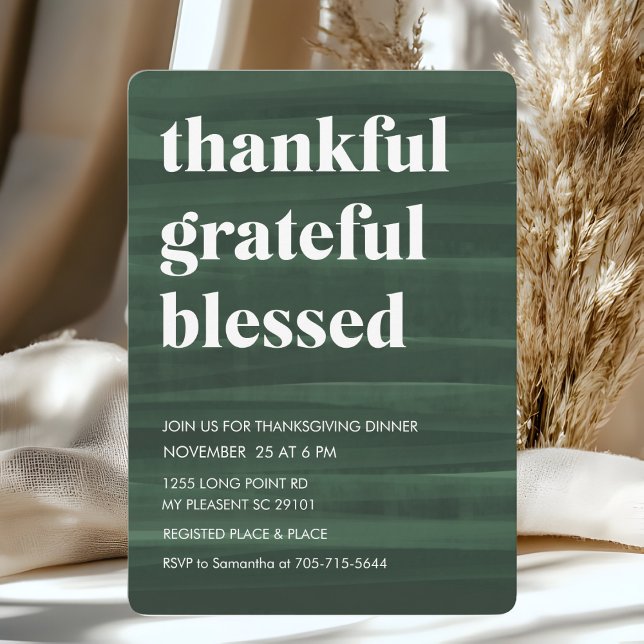 Green Thankful Grateful Blessed Dinner Invitation (Creator Uploaded)
