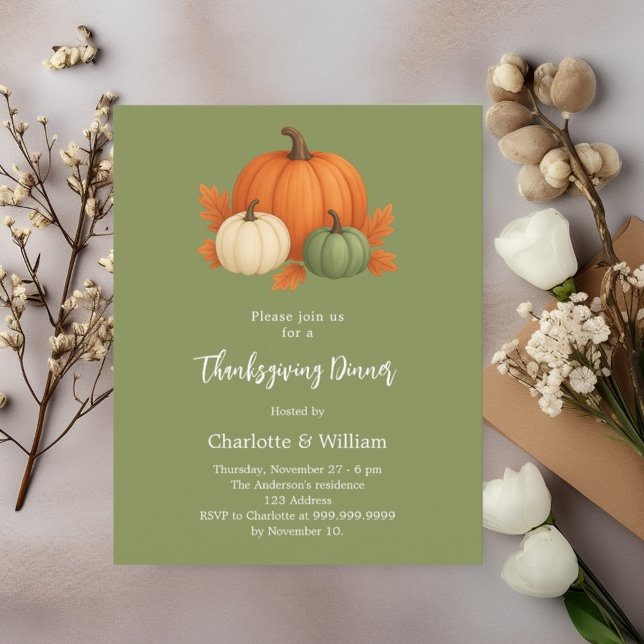 Green Thanksgiving dinner pumpkin retro invitation (Creator Uploaded)