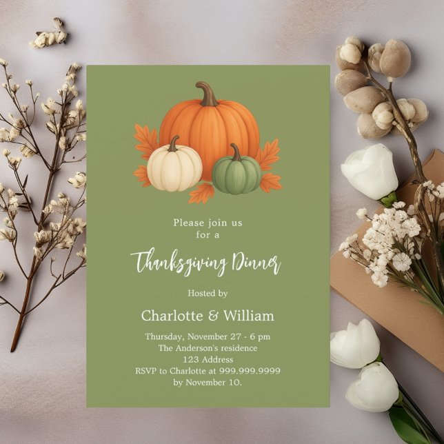 Green Thanksgiving dinner pumpkin retro orange Invitation (Creator Uploaded)