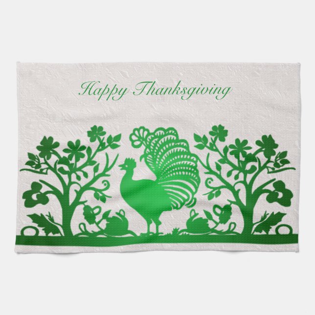 Green Thanksgiving Turkey Floral Kitchen Towel (Horizontal)