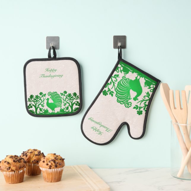Green Thanksgiving Turkey Floral Oven Mitt & Pot Holder Set (Insitu(Hanging))