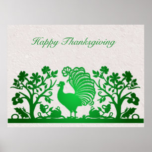 Green Thanksgiving Turkey Floral Poster