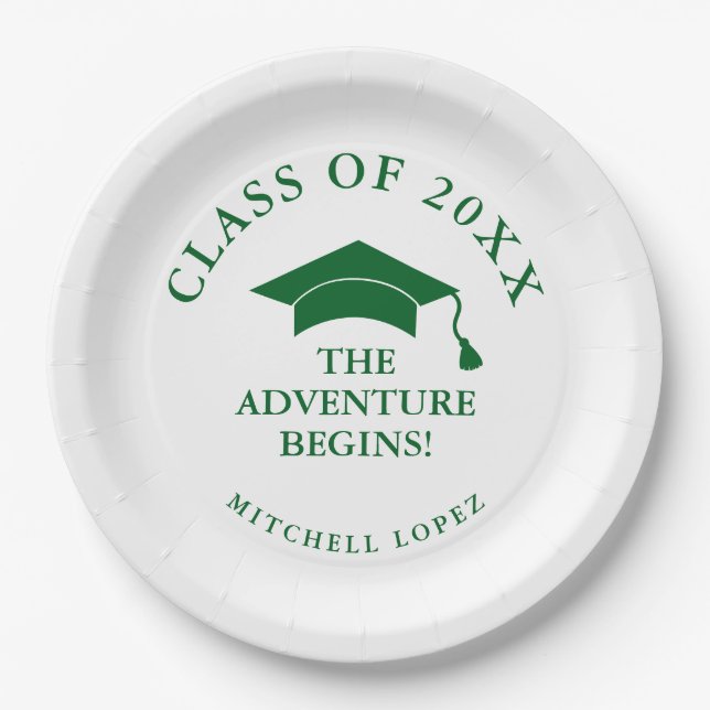 Green The  Adventure Begins Graduation Paper Plate (Front)