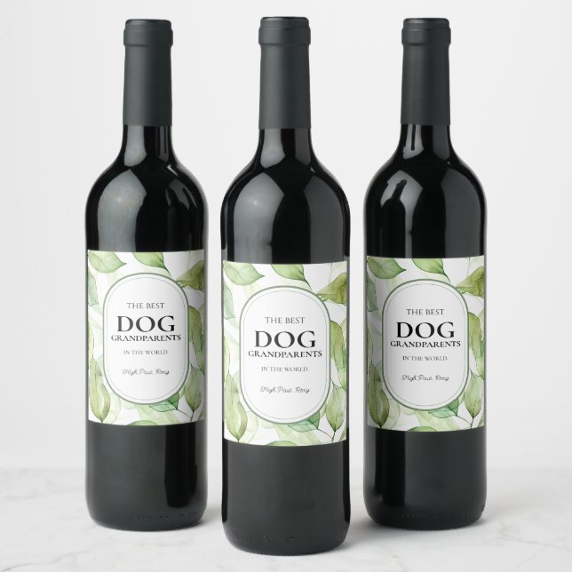 Green The Best Dog Grandparents Watercolor Leaves Wine Label (Bottles)