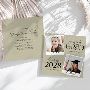 Green Then And Now   2 Photo Graduation Invitation
